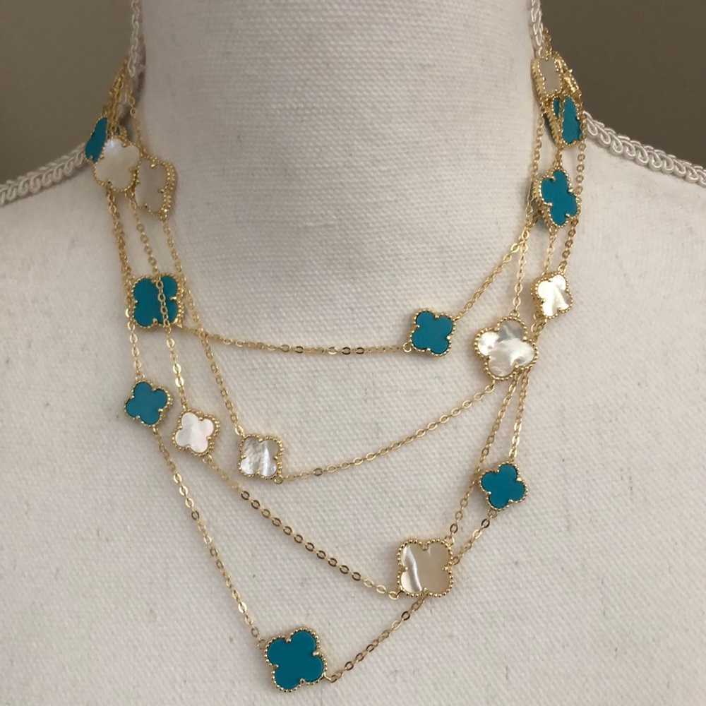 Genuine NWT turquoise clover station necklace on long gold over sterling chain - Picture 5 of 10